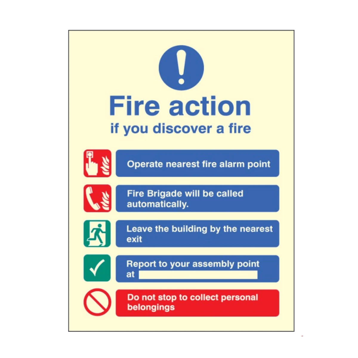 Public Fire Action Sign 3 - Photoluminescent 300mm X 250mm | Tradefire